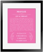 Maylee custom name art showing meaning and origin in pink with black matte frame