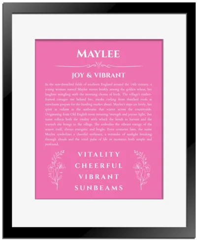 Maylee custom name art showing meaning and origin in pink with black matte frame