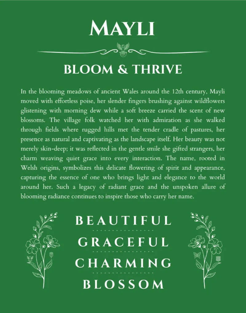 Mayli personalized name print with origin and traits in dark green
