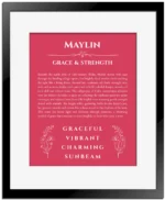 Maylin personalized name print with origin and traits in red with black matte frame