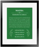 Mayra personalized wall art with the story of your name in dark green with black matte frame