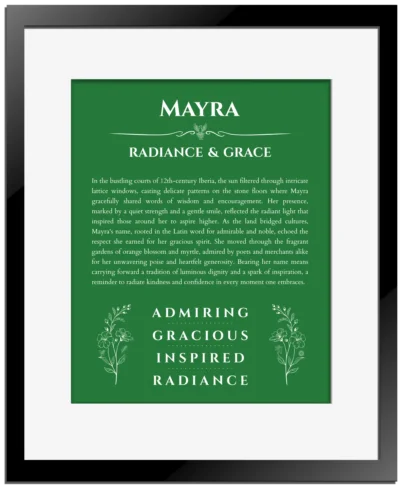 Mayra personalized wall art with the story of your name in dark green with black matte frame