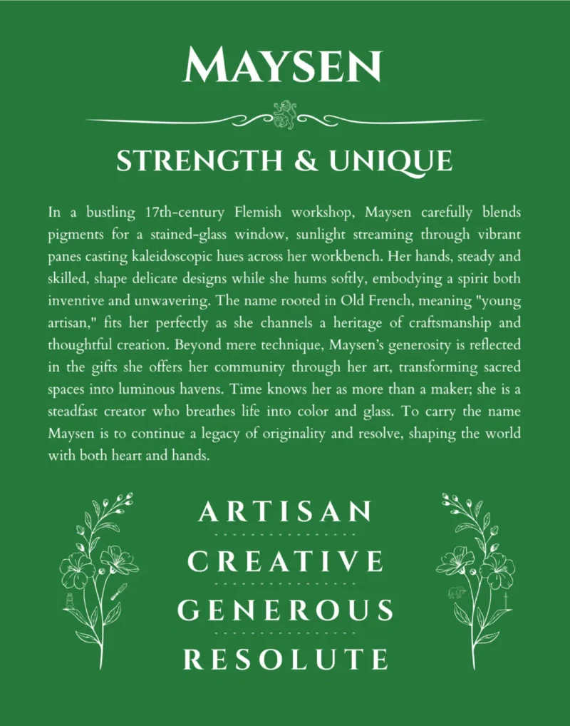 Maysen personalized name art with origin story in dark green