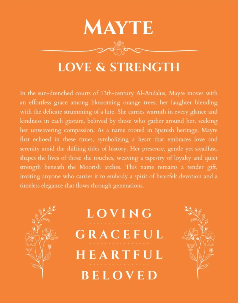 Mayte name origin print with meaning and traits in orange