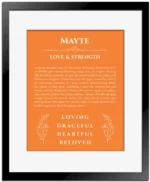 Mayte name origin print with meaning and traits in orange with black matte frame