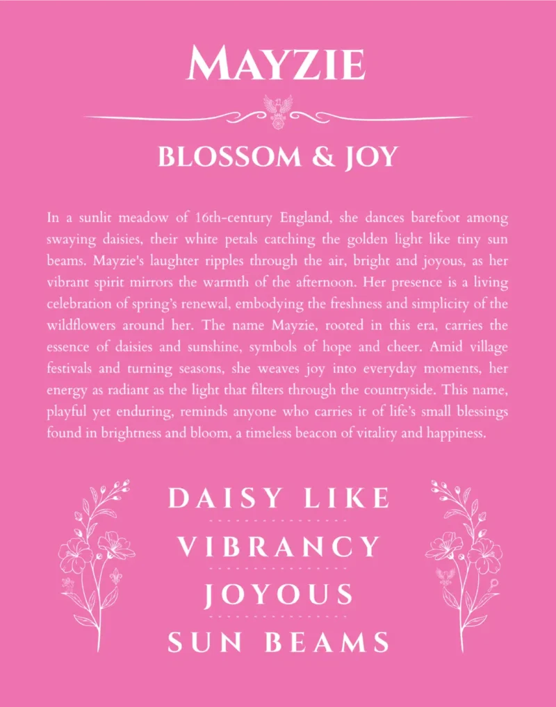 Mayzie custom name art showing meaning and origin in pink