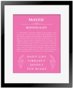 Mayzie custom name art showing meaning and origin in pink with black matte frame