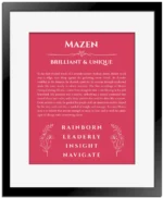Mazen custom name art showing meaning and origin in red with black matte frame