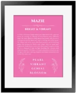 Mazie personalized wall art with the story of your name in pink with black matte frame