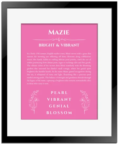 Mazie personalized wall art with the story of your name in pink with black matte frame