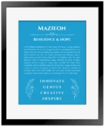 Mazieon custom name art showing meaning and origin in blue with black matte frame