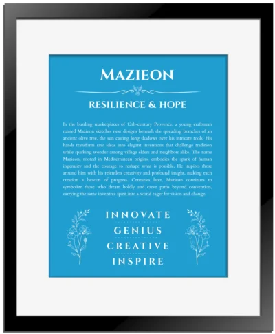 Mazieon custom name art showing meaning and origin in blue with black matte frame