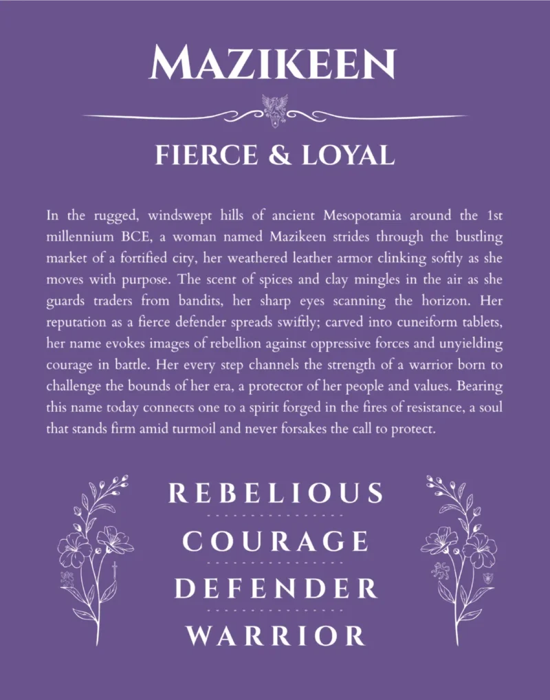 Mazikeen personalized wall art with the story of your name in purple