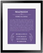 Mazikeen personalized wall art with the story of your name in purple with black matte frame