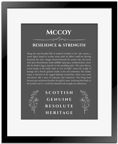 Mccoy name origin print with meaning and traits in gray with black matte frame