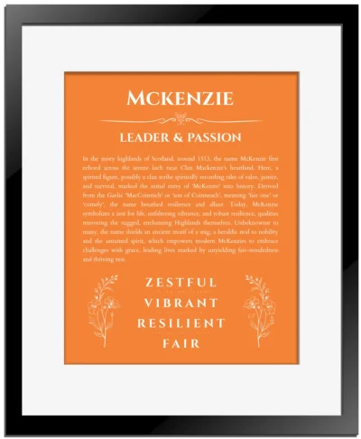 Mckenzie custom name print for wall display in orange with black matte frame
