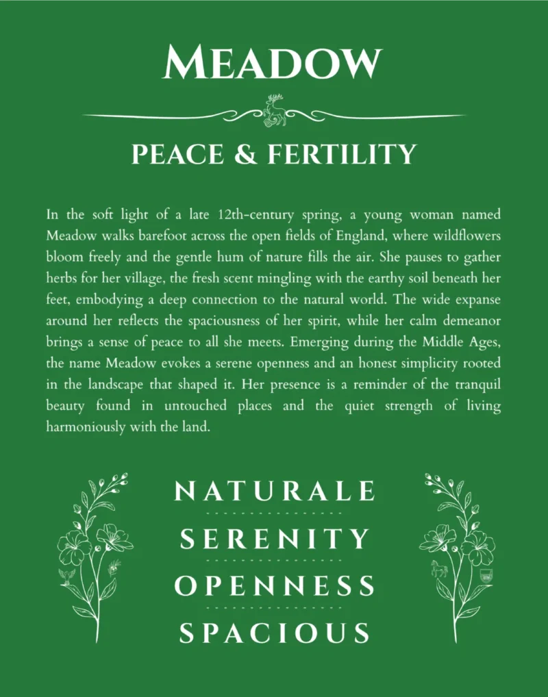 Meadow personalized name art with origin story in dark green
