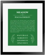 Meadow personalized name art with origin story in dark green with black matte frame