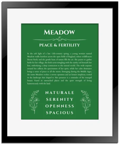 Meadow personalized name art with origin story in dark green with black matte frame