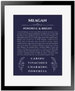 Meagan personalized name meaning print in navy blue with black matte frame
