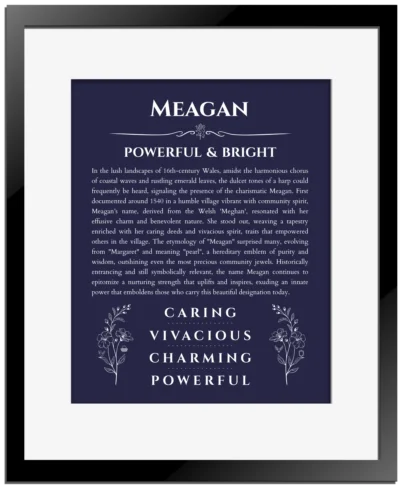 Meagan personalized name meaning print in navy blue with black matte frame