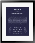 Mecca personalized name art with origin story in navy blue with black matte frame