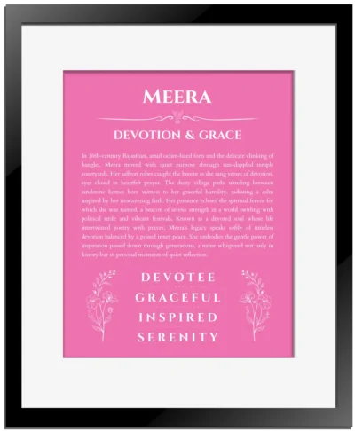 Meera name meaning gift print in pink with black matte frame