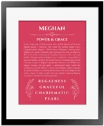 Meghan personalized name art with origin story in red with black matte frame
