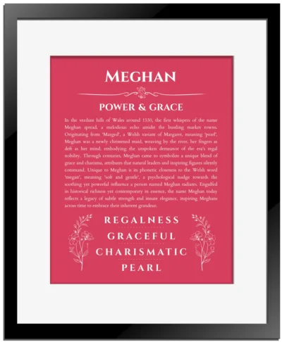 Meghan personalized name art with origin story in red with black matte frame