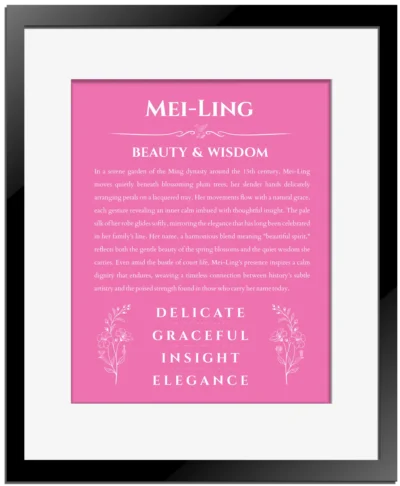 Mei-Ling personalized name meaning print in pink with black matte frame