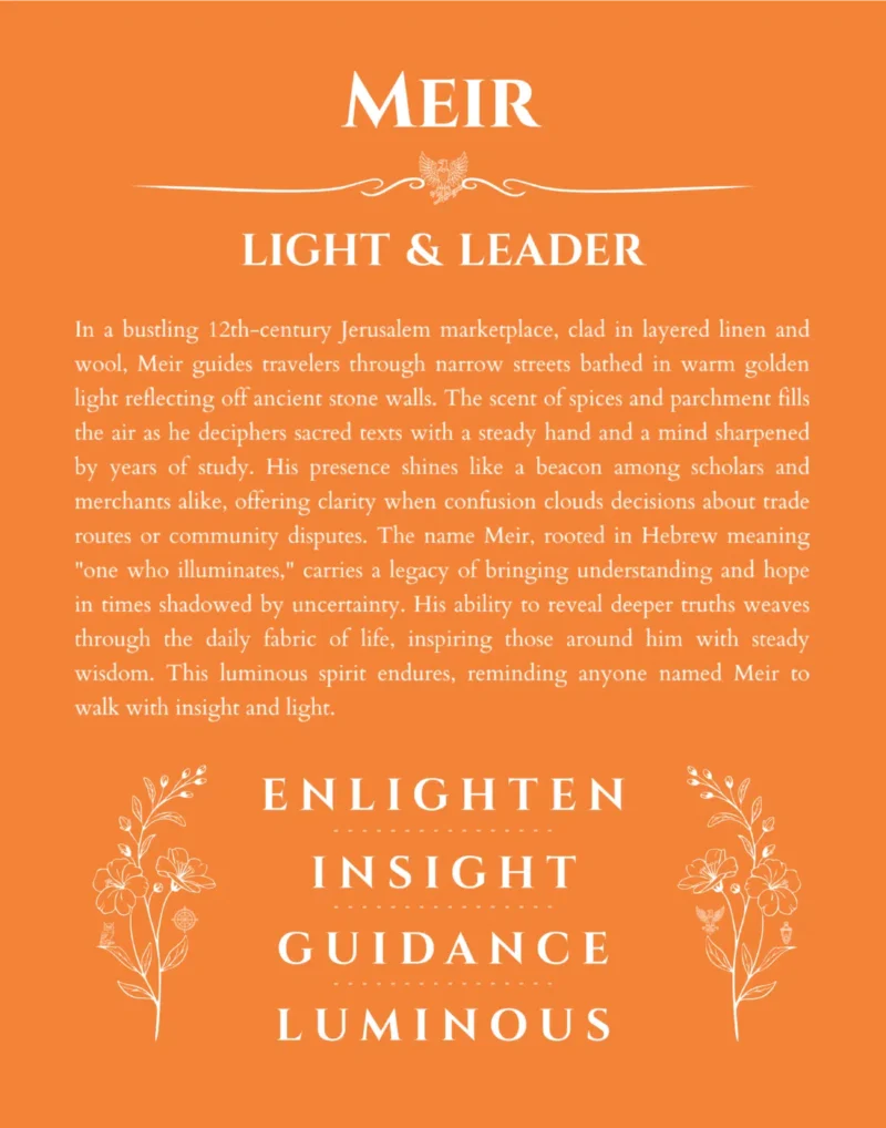 Meir personalized name art with origin story in orange