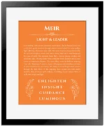 Meir personalized name art with origin story in orange with black matte frame