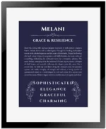 Melani personalized name meaning print in navy blue with black matte frame