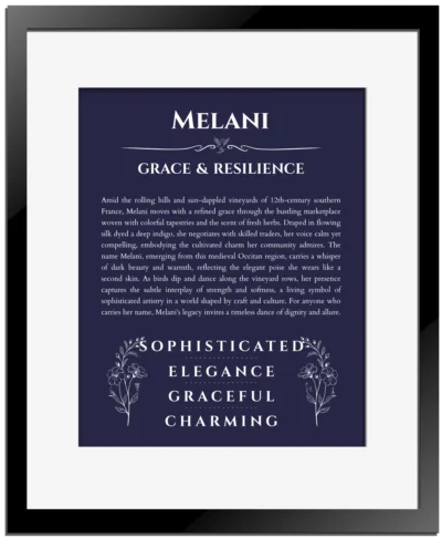 Melani personalized name meaning print in navy blue with black matte frame