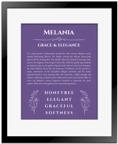 Melania personalized name meaning print in purple with black matte frame