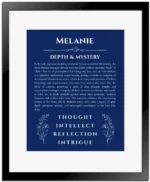 Melanie personalized name print with origin and traits in deep blue with black matte frame