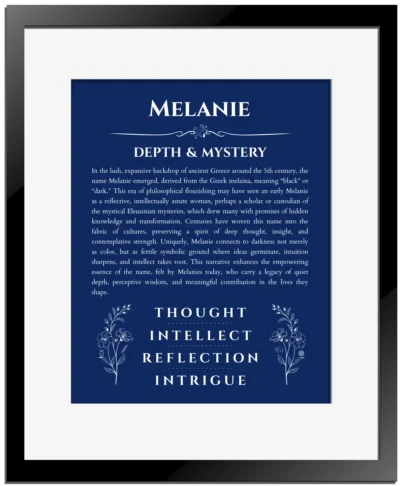 Melanie personalized name print with origin and traits in deep blue with black matte frame