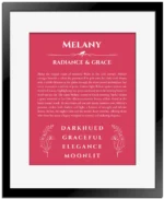 Melany custom name meaning print in red with black matte frame