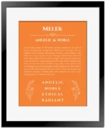 Melek personalized name meaning print in orange with black matte frame