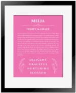 Melia name meaning gift print in pink with black matte frame