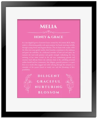Melia name meaning gift print in pink with black matte frame