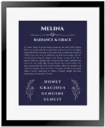Melina personalized wall art with the story of your name in navy blue with black matte frame