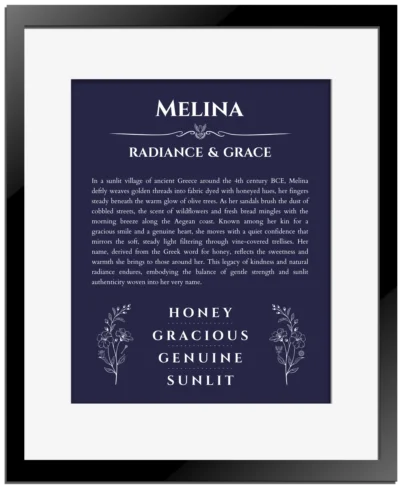 Melina personalized wall art with the story of your name in navy blue with black matte frame