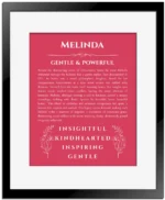 Melinda personalized name meaning print in red with black matte frame