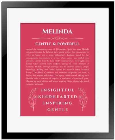 Melinda personalized name meaning print in red with black matte frame