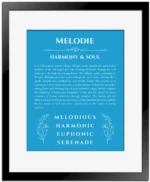 Melodie name meaning wall art by Get Your Story in blue with black matte frame