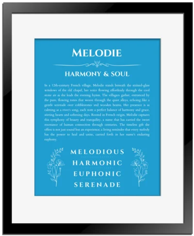 Melodie name meaning wall art by Get Your Story in blue with black matte frame
