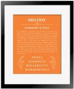 Melody custom name meaning print in orange with black matte frame