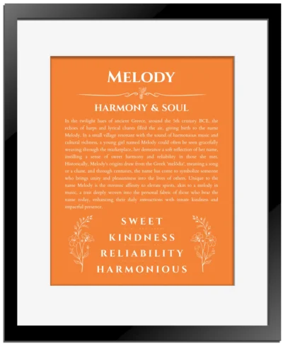 Melody custom name meaning print in orange with black matte frame