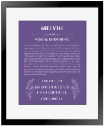 Melvin name meaning wall art by Get Your Story in purple with black matte frame